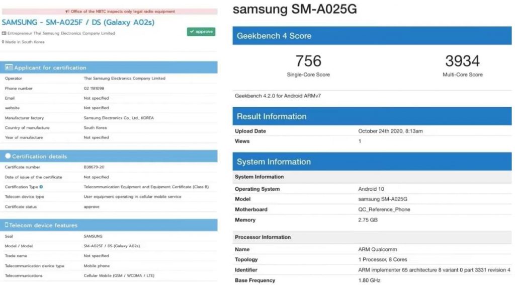 Galaxy A02 de nivel de entrada certificado por Samsung, que aparece en Geekbench