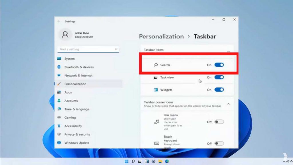 Ocultar el botón de búsqueda en la barra de tareas de Windows 11